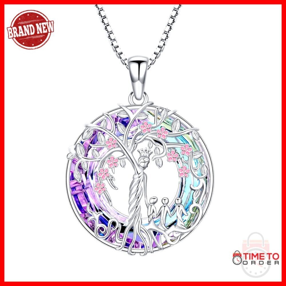 Sterling Silver Tree of Life Necklace with Crystal Pendant for Mother